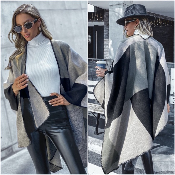 fall color block open front kimono poncho cardiga - Picture 2 of 11